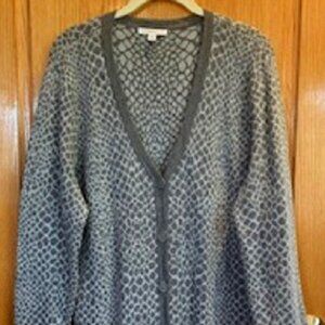 Isaac Mizrahi Live! Knit Gray Animal Cotton Blend Cardigan Sweater Button Sz: L